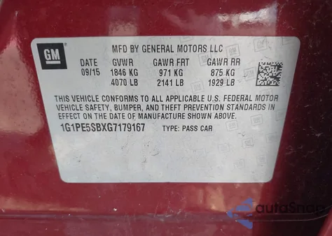 2016 Chevrolet Cruze Limited 1Lt Auto из США, поврежденный, VIN 1G1PE5SBXG7179167